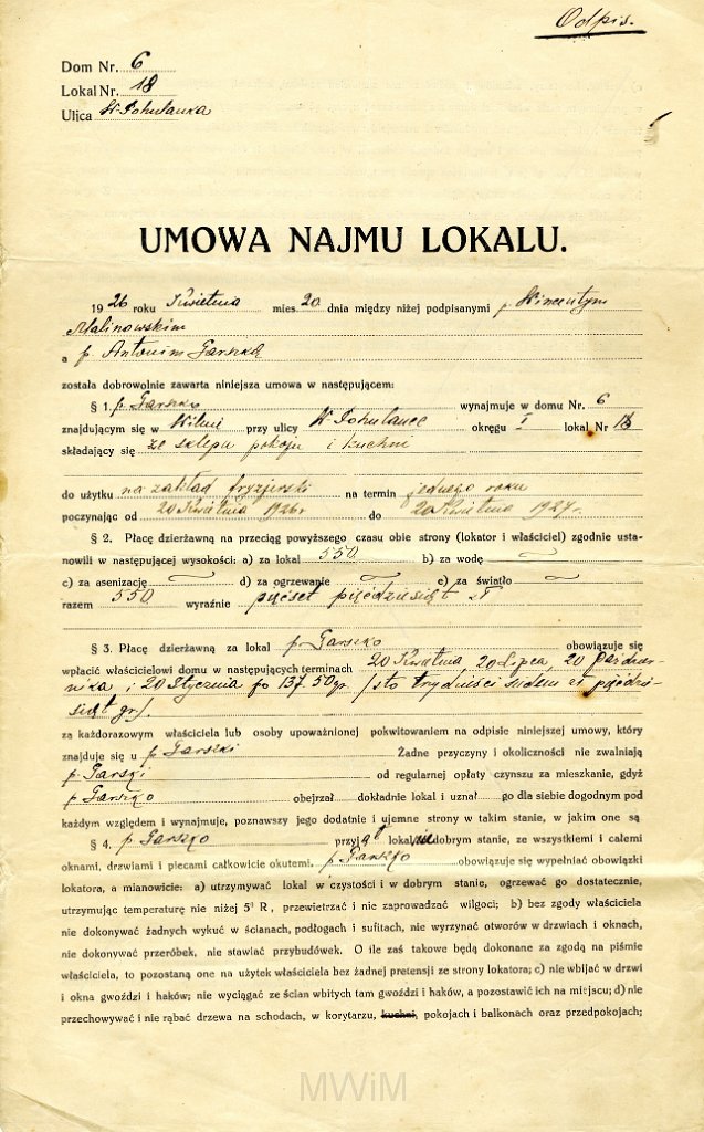 KKE 5685-9.jpg - Dok. Umowa Najmu lokalu miedzy Wincentym Malinowskim a Antonim Graszko, Wilno, 20 IV 1924/1925/1926/1927/1929 r.